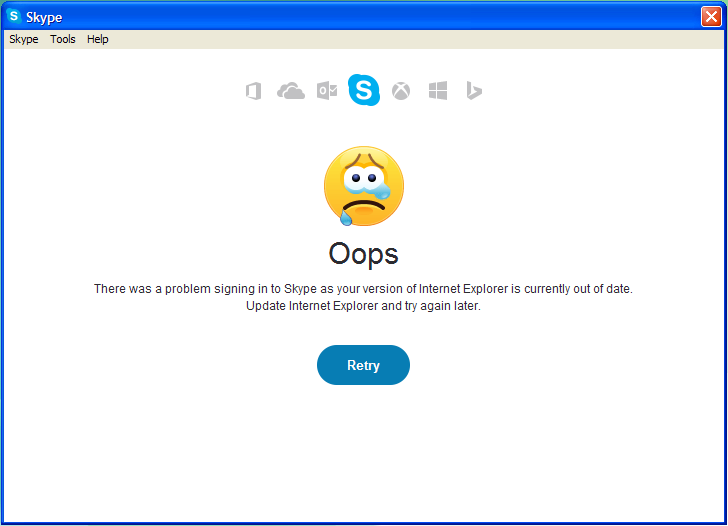 Problem signing into Skype as Internet Explorer is out of date