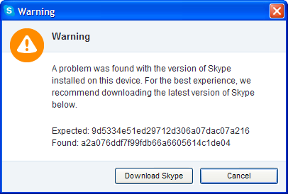 A problem was found with the version of Skype installed on this device