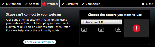 webcam not working with skype preview
