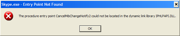 The procedure entry point CancelMibChangeNotify2 could not be located