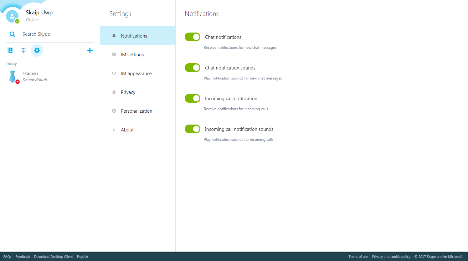 Settings of the Skype for Web