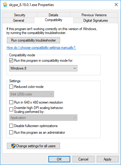 Start the new Skype in compatibility mode for Windows 8